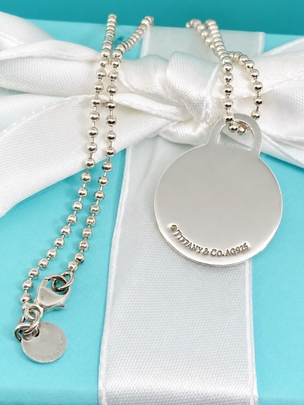 Authentic Tiffany & Co. Sterling Silver Engravable Round Charm Necklace 18”